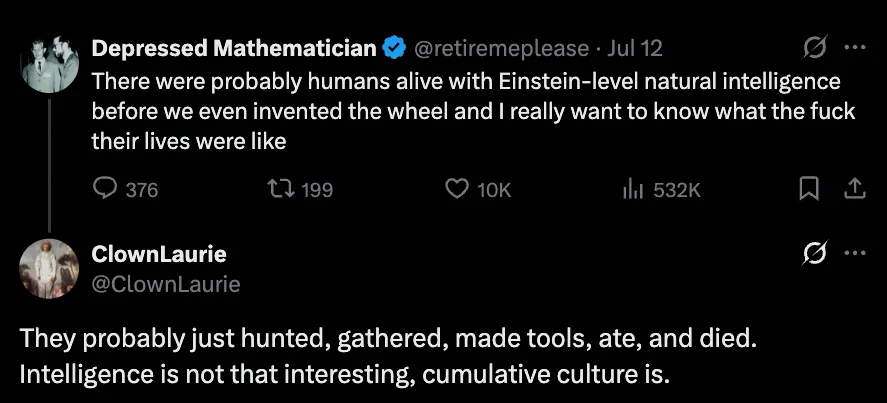 Interesting discussion on X about intelligence vs. cumulative culture