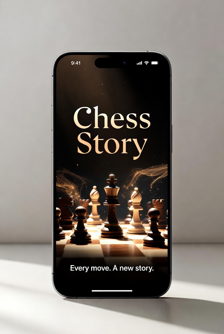 Chess Story app shown on a phone — every move, a new story